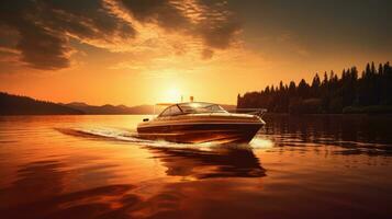 gouden zonsondergang foto met een snelheid boot silhouet drijvend Aan de zon reflectie gevangen genomen gedurende de avond
