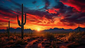 zonsondergang over- een cactus in Arizona foto