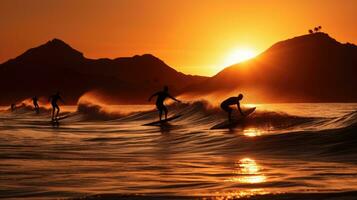 surfers vangen golven in Tenerife Bij zonsondergang foto