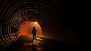 Mens wandelen door een tunnel s silhouet foto