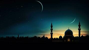 aftekenen moskee tegen een vaag lit lucht met eid halve maan Islamitisch eid of Ramadan backdrop foto