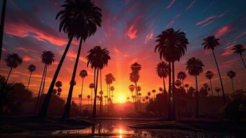 verbijsterend zonsondergang in la Californië met palm bomen foto
