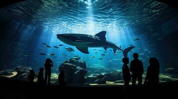 bezoekers Bij aquarium kijk maar silhouetten van vis zwemmen inclusief walvis haai foto