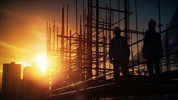 wazig bouw plaats met silhouet van ingenieur en bouw arbeider Aan steiger foto