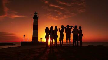 groep van vrienden nemen een selfie Bij zonsondergang Bij maspalomen vuurtoren Spanje foto