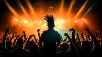 silhouetten van concertbezoekers met punk- haar- verlichte door stadium lichten foto