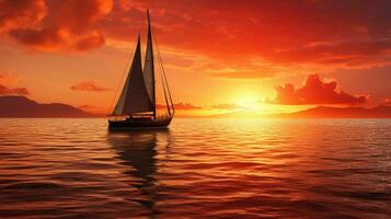 prachtig het zeilen boot onder adembenemend oceaan zonsondergang foto