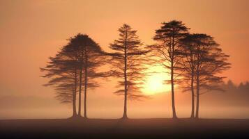 nevelig herfst zonsondergang met bomen foto