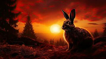 een harig konijn konijn s silhouet Bij zonsopkomst foto