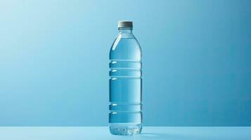 Product verpakking van plastic water fles geïsoleerd Aan blauw achtergrond foto