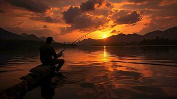 Thailand zonsondergang met een Mens visvangst gezien net zo een silhouet foto