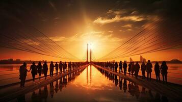 veel toeristen wandelen Aan de kabel bleef brug creëren een mooi silhouet tegen een dromerig zonsondergang foto