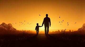Internationale migranten dag silhouetten van een vader en zoon Holding handen Aan een herfst weide Bij zonsondergang foto