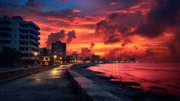 zonsondergang wolken over- malecon promenade straat en vedado wijk Havana Cuba foto
