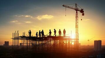 bouw kranen en arbeiders Aan een woon- gebouw tegen een zonnig lucht stad behuizing bouw appartement blok foto