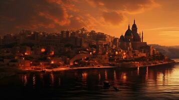 aftekenen Maltees middeleeuws stad gedurende zonsondergang foto