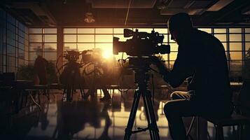 cameraman in werking video uitrusting binnenshuis silhouet Bij een vergadering kamer foto