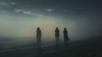 aftekenen individuen Aan de strand gedurende zomer mist foto