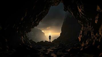 Mens s silhouet in een grot foto
