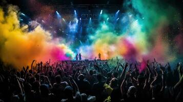 druk concert hal met groen stadium lichten rots tonen mensen silhouet kleurrijk confetti explosie in de lucht Bij een festival foto