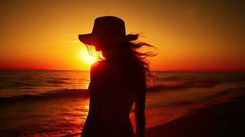 vrouw s silhouet aan het kijken strand zonsondergang foto