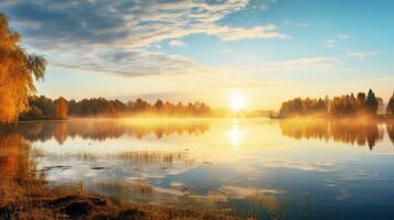 herfst rivier- landschap in Wit-Rusland of Europese een deel van Rusland Bij zonsondergang met zon schijnend over- blauw water Bij zonsopkomst natuur Aan een zonnig ochtend- met bossen en oranje gebladerte O foto