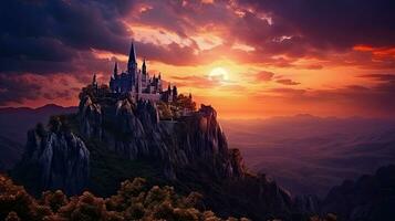 zonsondergang lucht achtergrond met kasteel Aan klif in een fantasie landschap foto