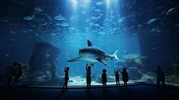 bezoekers Bij aquarium kijk maar silhouetten van vis zwemmen inclusief walvis haai foto