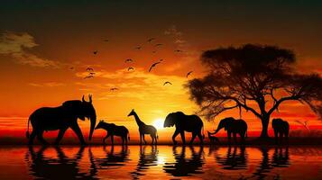 aftekenen Afrikaanse wild dieren Bij zonsondergang foto