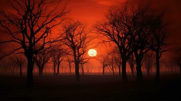 vurig rood zonsondergang achter naakt herfst bomen foto