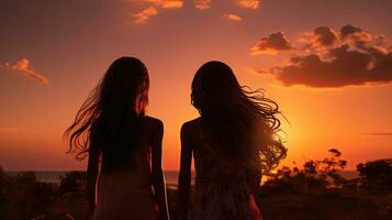 twee jong zussen in voorkant van een verbijsterend zonsondergang lucht s silhouet foto