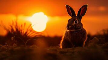 een harig konijn konijn s silhouet Bij zonsopkomst foto