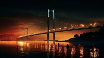 de Bosporus brug in Istanbul kalkoen Bij nacht is bekend net zo de juli 15e martelaren brug foto