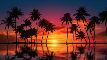 silhouet van palm bomen Bij tropisch zonsopkomst of zonsondergang foto