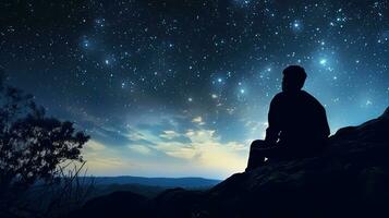 silhouet van jong Mens zittend Aan een klif met sterrenhemel nacht lucht achter symbool van doel en succes foto