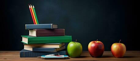 terug naar school- benodigdheden met appel en leeg schoolbord foto