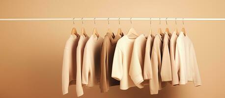 leeg ruimte met minimaal achtergrond met een verzameling van vrouwelijk beige truien perfect voor herfst en winter mode foto