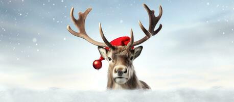 3d illustratie van rendier met rood neus- en de kerstman hoed tegen wit backdrop foto