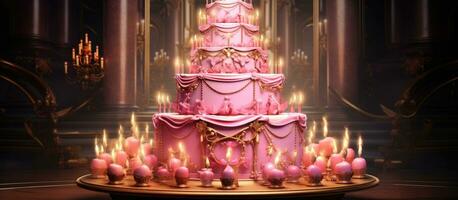 weelderig roze verjaardag taart met overvloedig gouden kaarsen foto