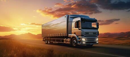 vrachtauto draag- lading met zonsondergang achtergrond kopiëren ruimte foto