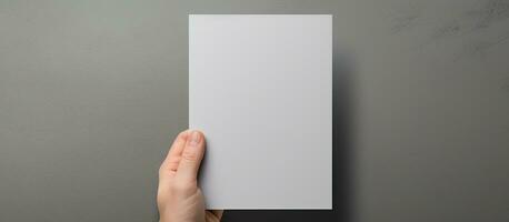 Mens Holding blanco brochure mockup Aan grijs achtergrond foto