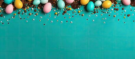 top visie beeld van Pasen konijn chocola eieren met decoraties Aan een turkoois achtergrond weggaan ruimte foto