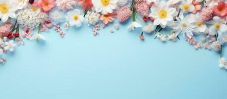 bespotten omhoog van voorjaar bloemen in een kader Aan een blauw achtergrond met kopiëren ruimte foto