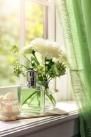 glas parfum fles met bloemen foto