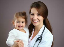 een verpleegster is op zoek Bij een ouder kind met een stethoscoop foto