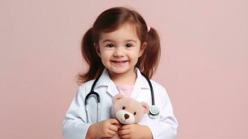 schattig kind in dokter jas met stethoscoop Aan kleur achtergrond foto