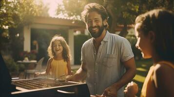 jong familie is grillen Bij de barbecue foto