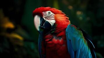 dichtbij omhoog portret schot rood scharlaken ara papegaai vogel natuur vervagen bokeh achtergrond. ai gegenereerd foto