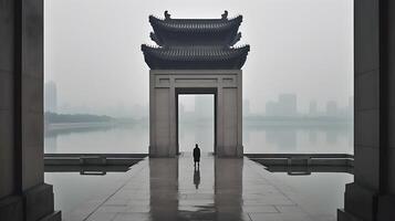 een Mens staand Aan een groot Chinese architectuur poort nevelig onderontwikkeld, meer en stad Bij de achtergrond. ai gegenereerd foto