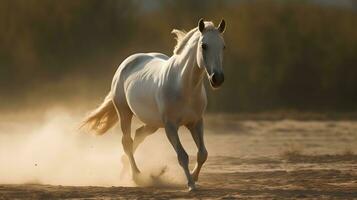 wit wild paard rennen in de natuur vervagen achtergrond met veel van stof Aan de grond. ai gegenereerd foto